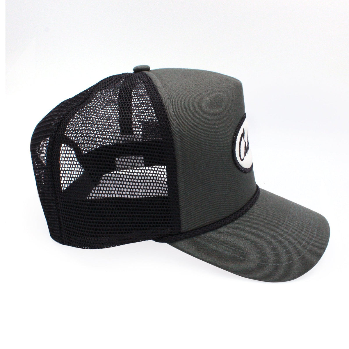 Classic Trucker Fishing Hat with Oval Calcutta Patch gray side